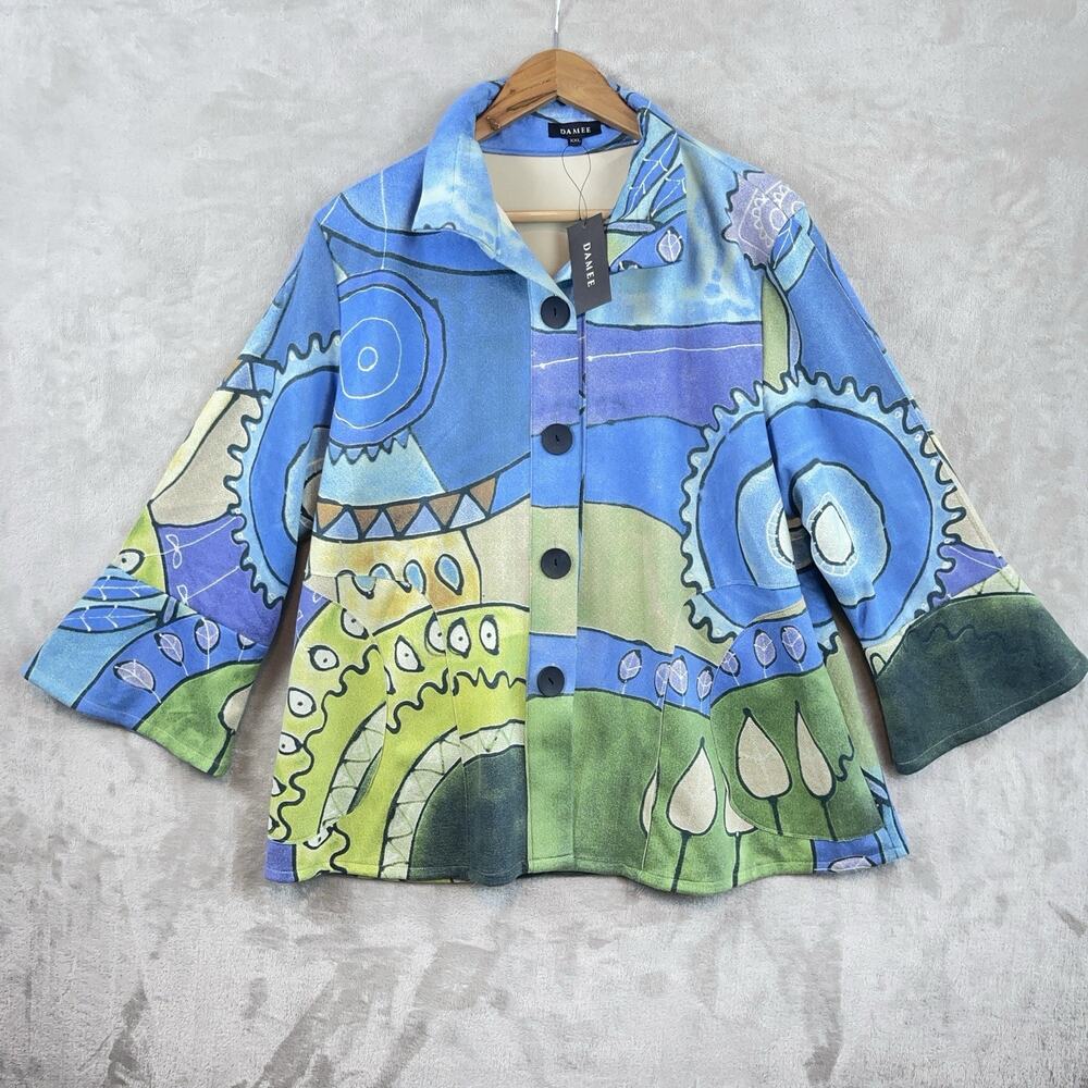 NWT Damee NY Art To Wear Suedey Jacket XXL Blue Abstract Pockets Lagenlook